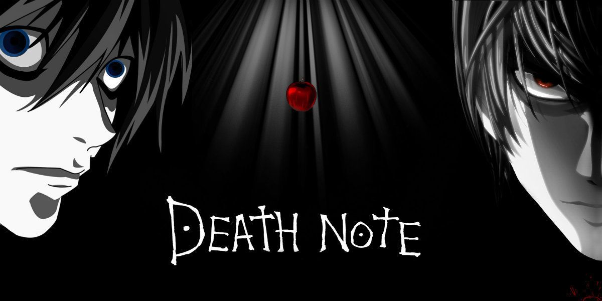 Arte chave do anime Death Note com os perfis de L e Light em lados opostos.