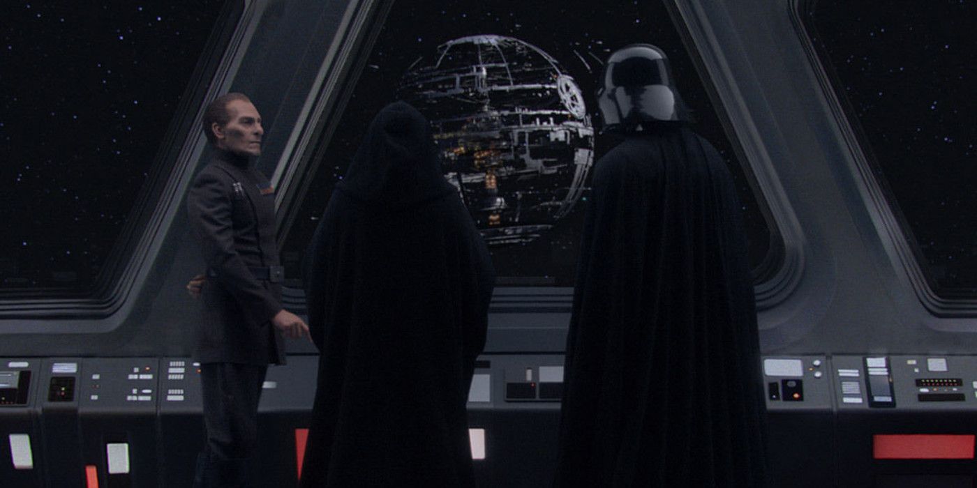 Palpatine, Vader, and Tarkin view Death Star Construction