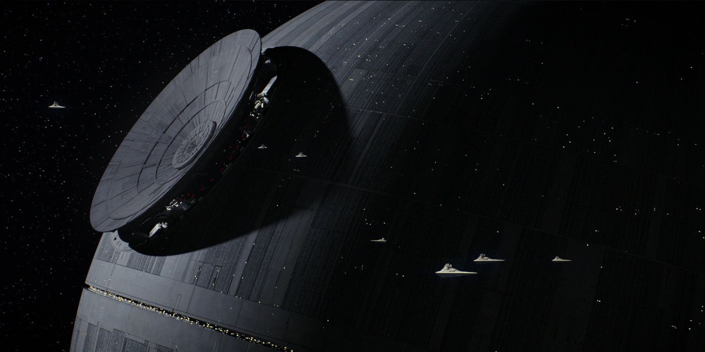 Star Destroyer Fleet in Front of the Death Star in Rogue One: A Star Wars Story
