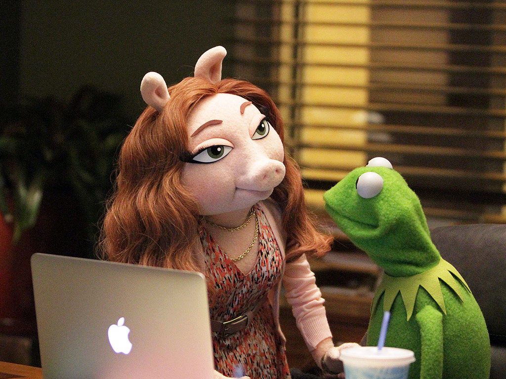Denise and Kermit in 'The Muppets'