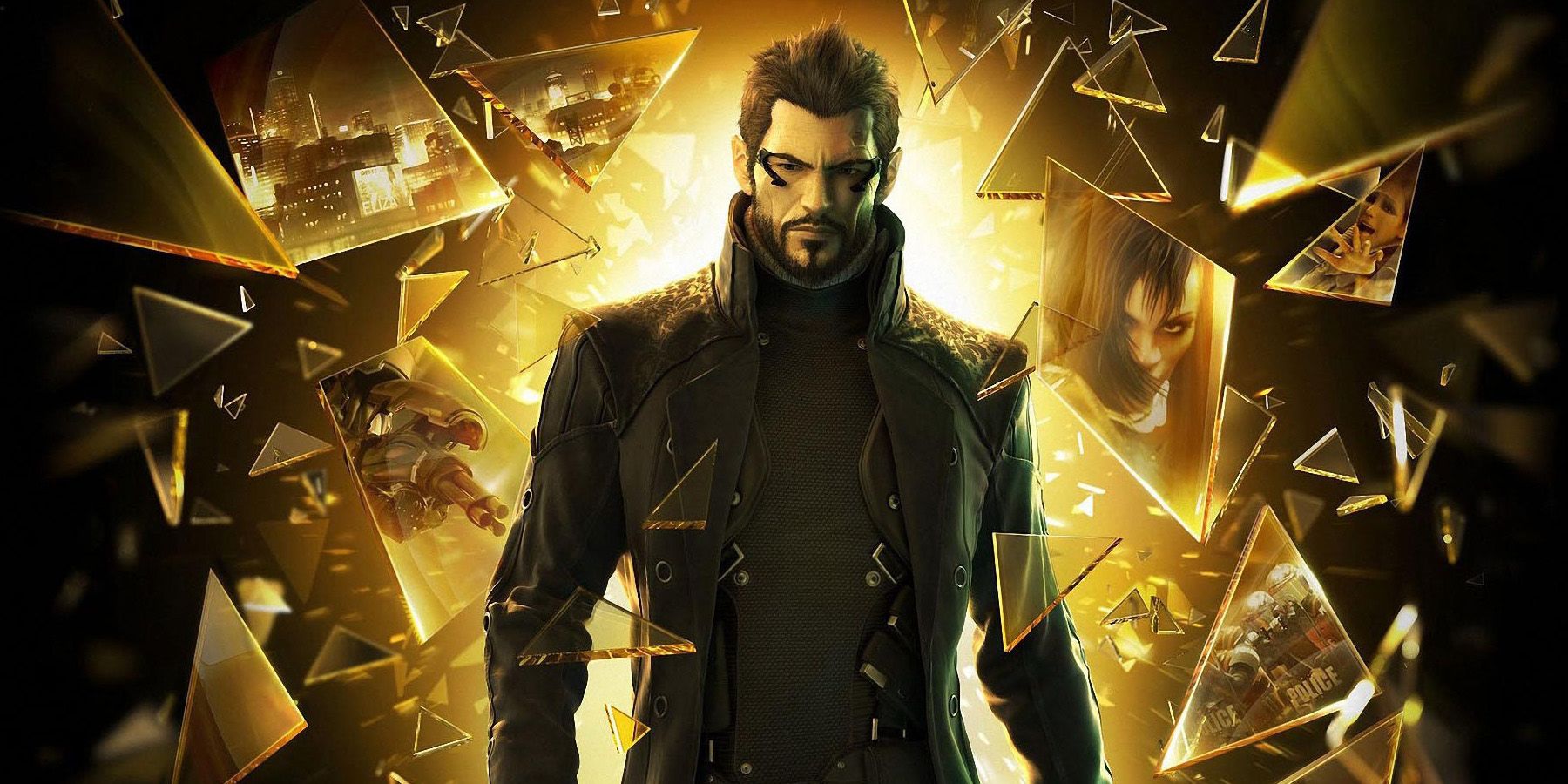 Adam Jensen walks through glass in Deus Ex: Human Revolution 