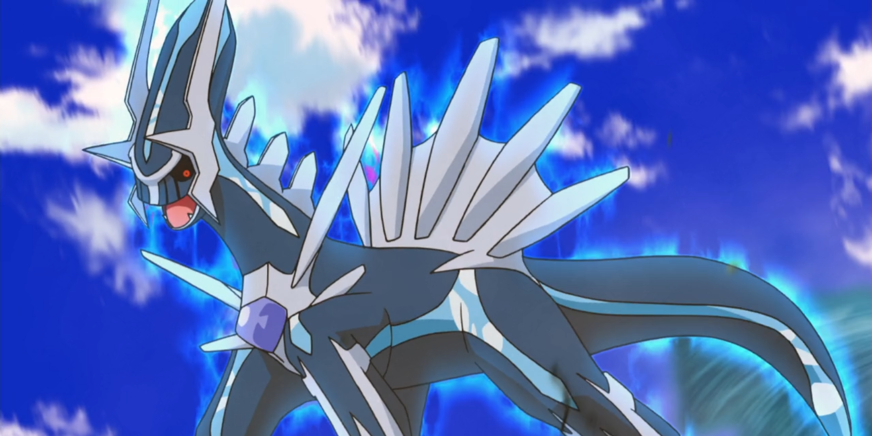 Dialga floating surrounded by blue light in the Pokémon anime