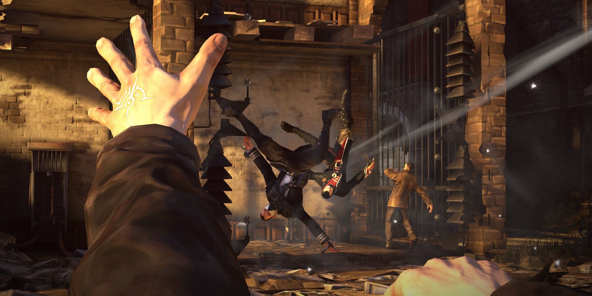 Dishonored, Corvo using the Outsider's wind blast power to blow away guards