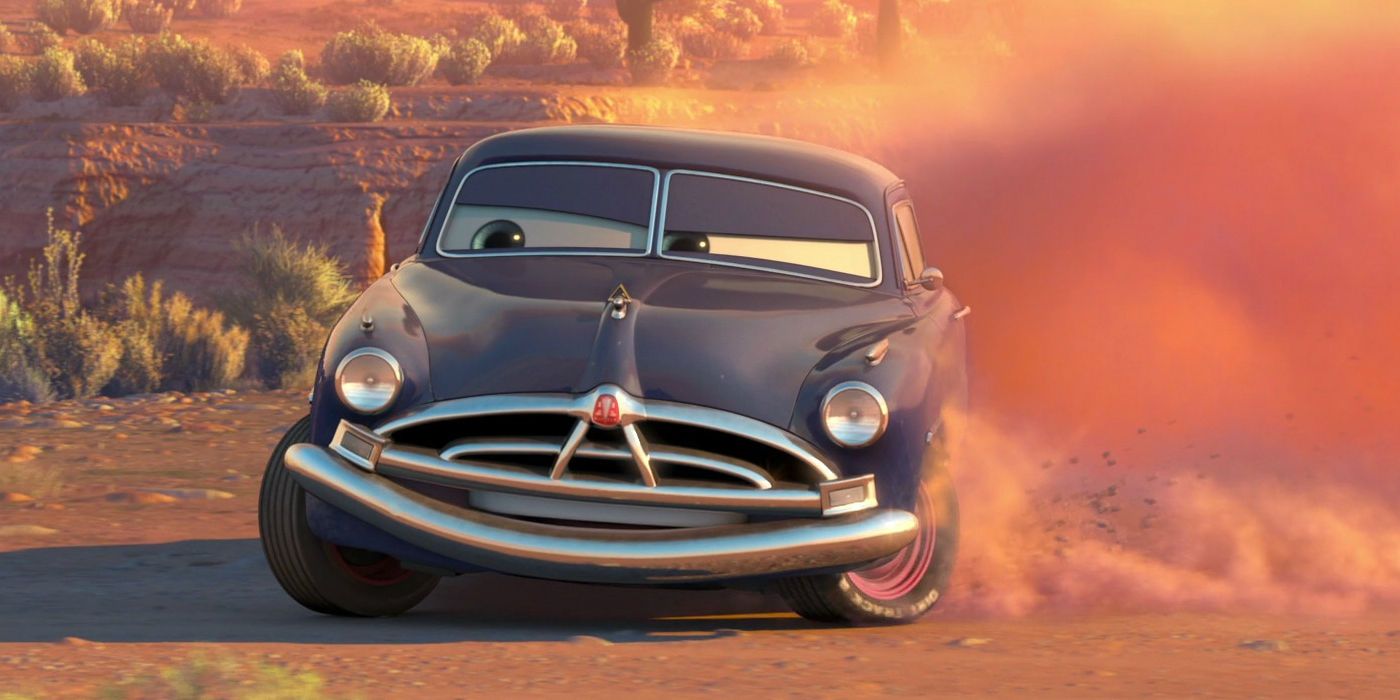 Doc Hudson's wheels kick up dirt and dust in Cars.