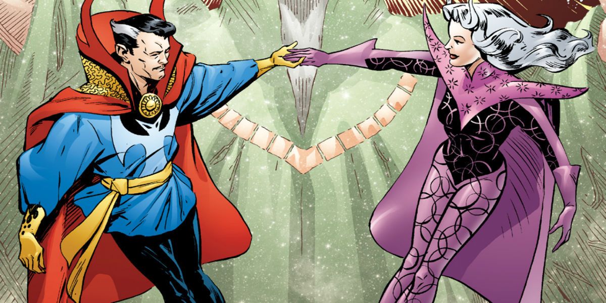 Doctor Strange and Clea flying and holding hands 