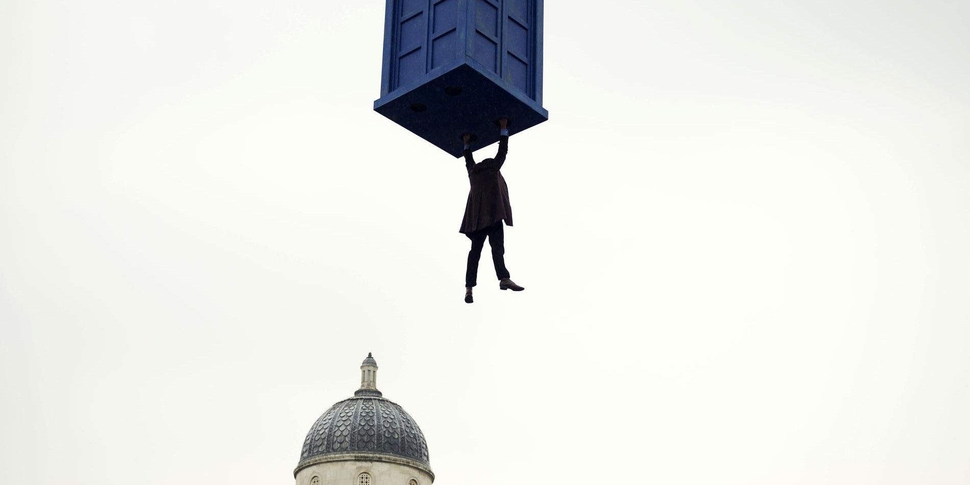The Doctor Hangs from the TARDIS in Doctor Who