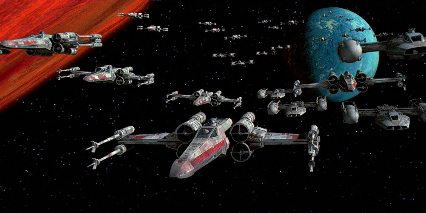 X-Wings and Y-Wings Prepare to Attack the Death Star over Yavin in Star Wars: A New Hope