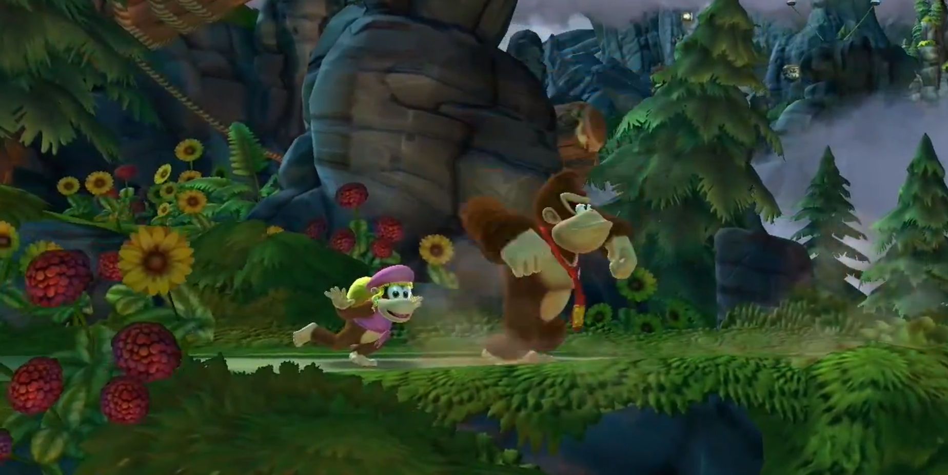 Donkey Kong and Dixie Kong walking in a forest environment