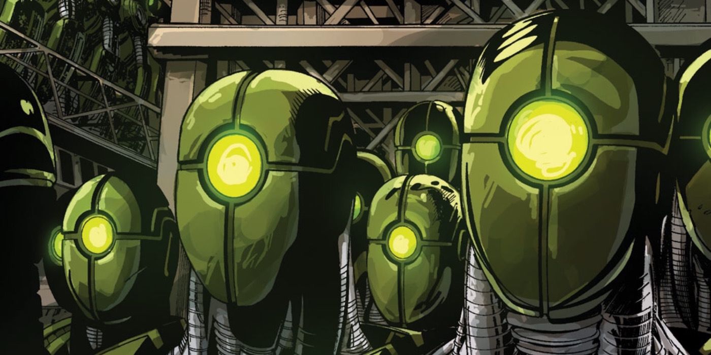 Doombots stand ready to fight the Doom War in Marvel Comics.