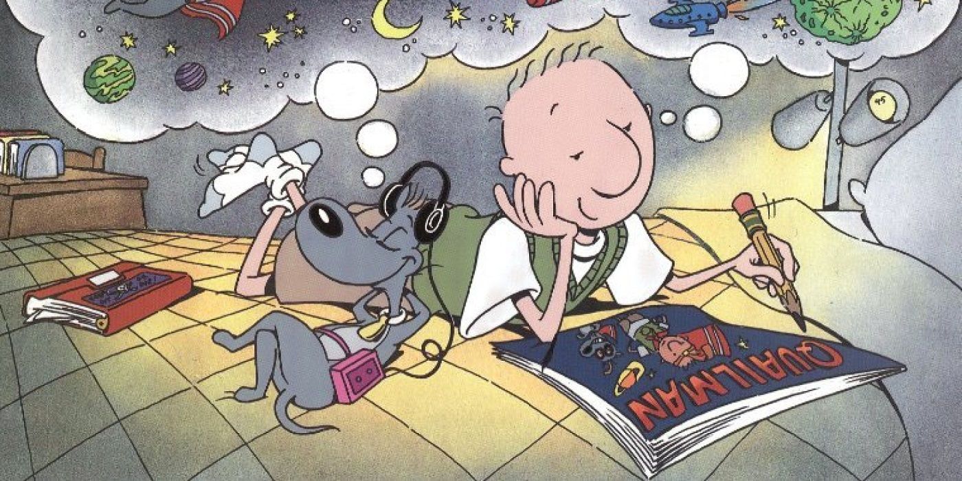 Doug Funnie writes on his journal as Porkchop listens to music on headphones