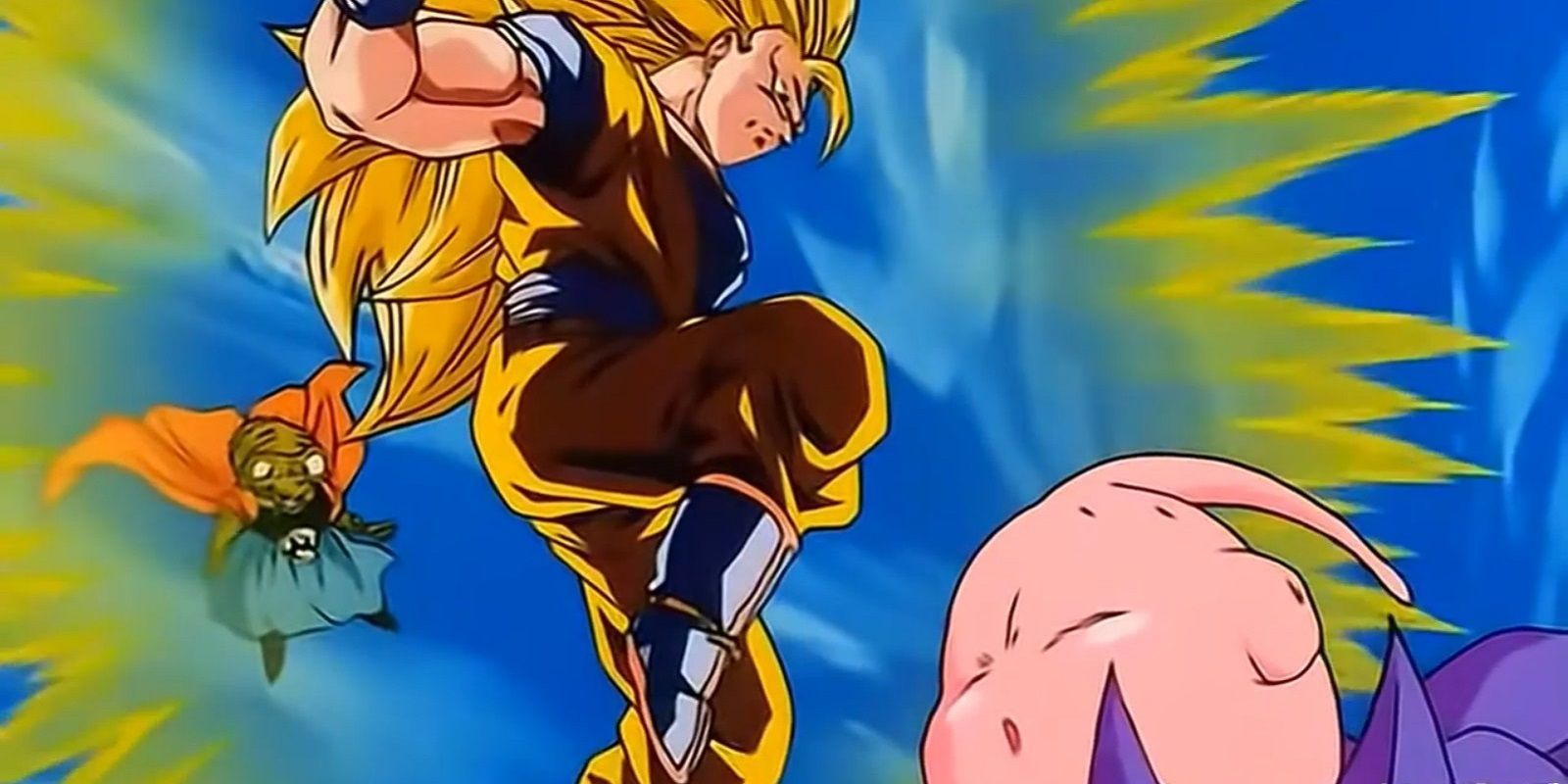 Super Saiyan 3 Goku fighting Fat Buu and Babidi in Dragon Ball Z