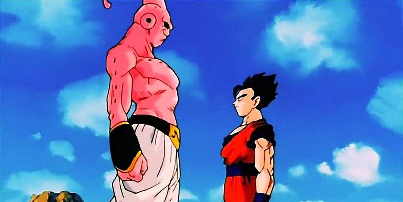 Screenshot from DRagon Ball Z anime show Ultimate Gohan staring down Super Buu before their fight.