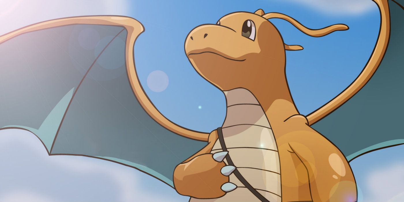 Dragonite Pokemon with wings outstretched looking ahead in front of a sky background.