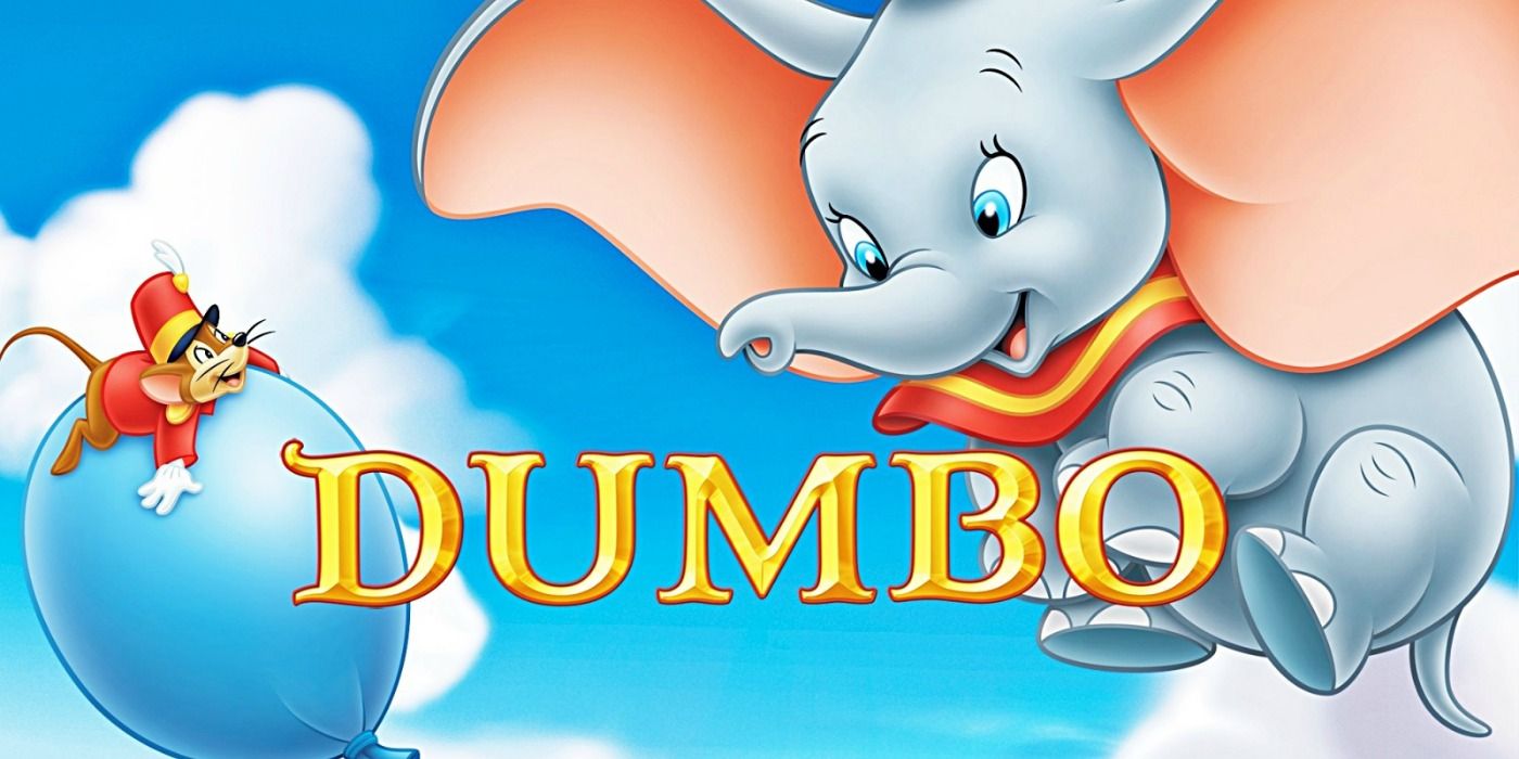 Dumbo and Timothy Q. Mouse in the sky with the title Dumbo superimposed.