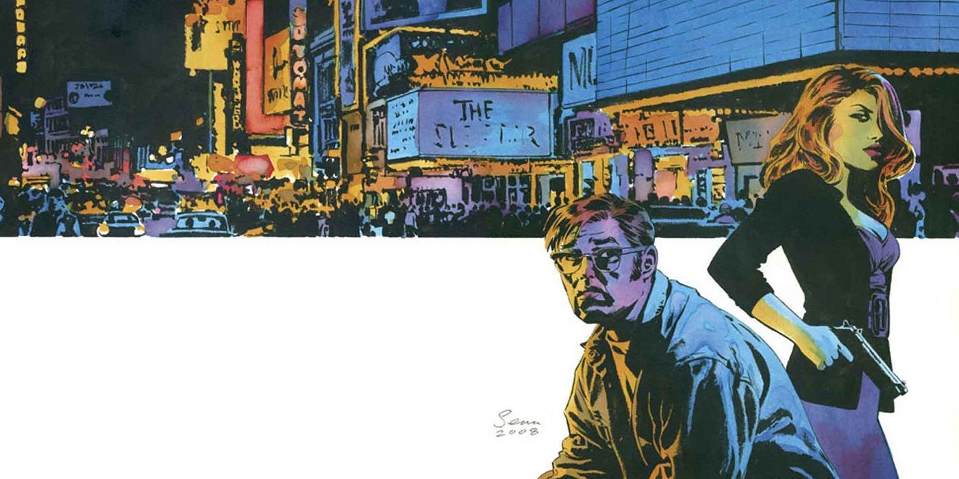 A man sits sadly while a woman holds up a pistol against a city street at night in the Criminal comics