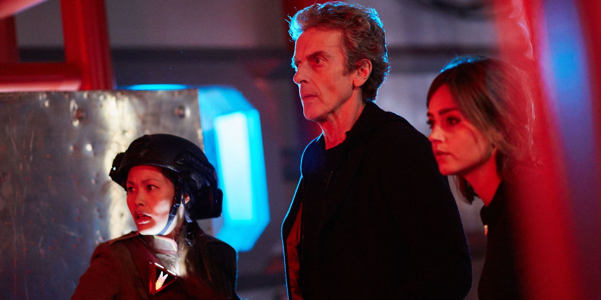 Elaine Tan Peter Capaldi and Jenna Coleman in Doctor Who Season 9 Episode 9