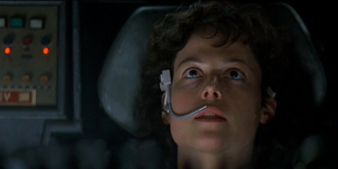 Ellen Ripley looking afraid in Aliens