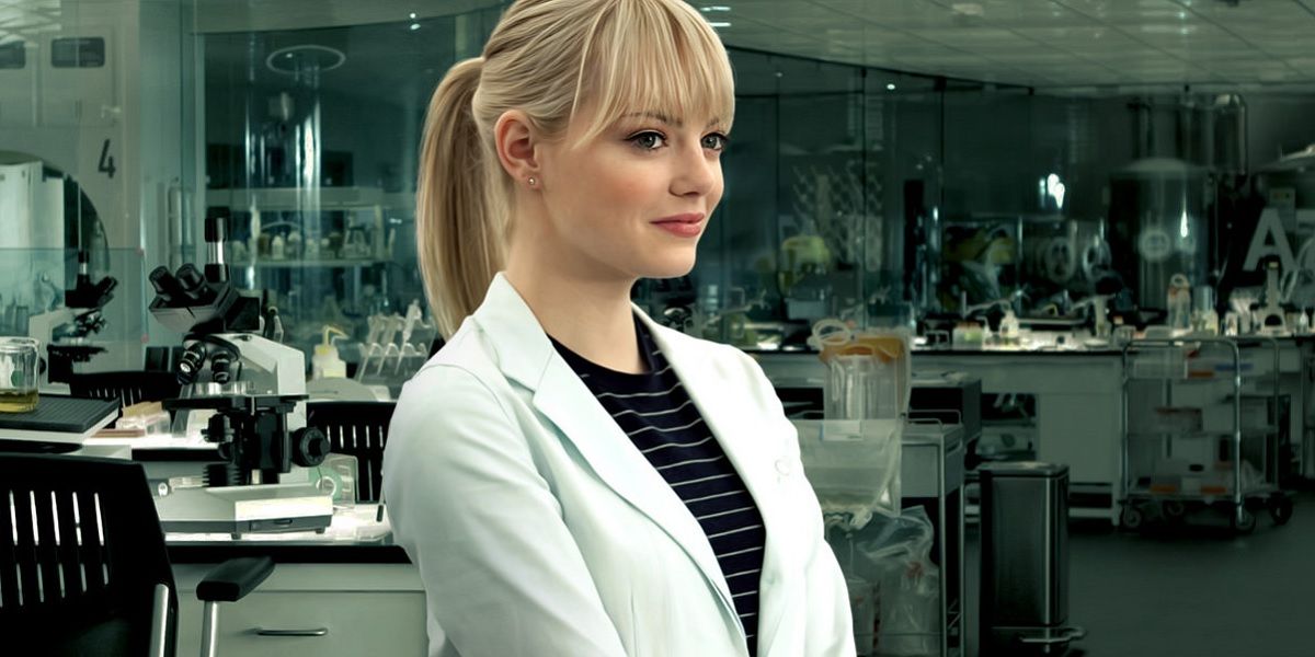 Emma Stone as Gwen Stacy in Oscorp labs in Amazing Spider-Man.