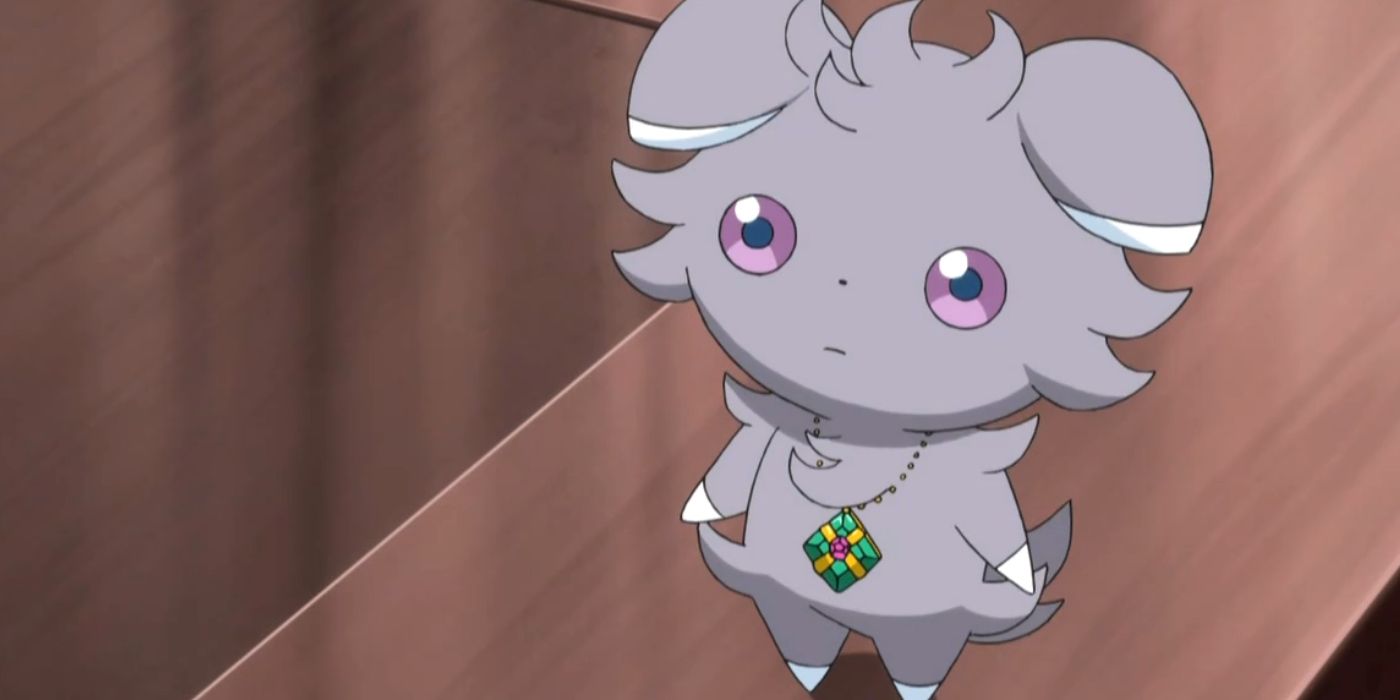 An Espurr looking up in the Pokémon anime