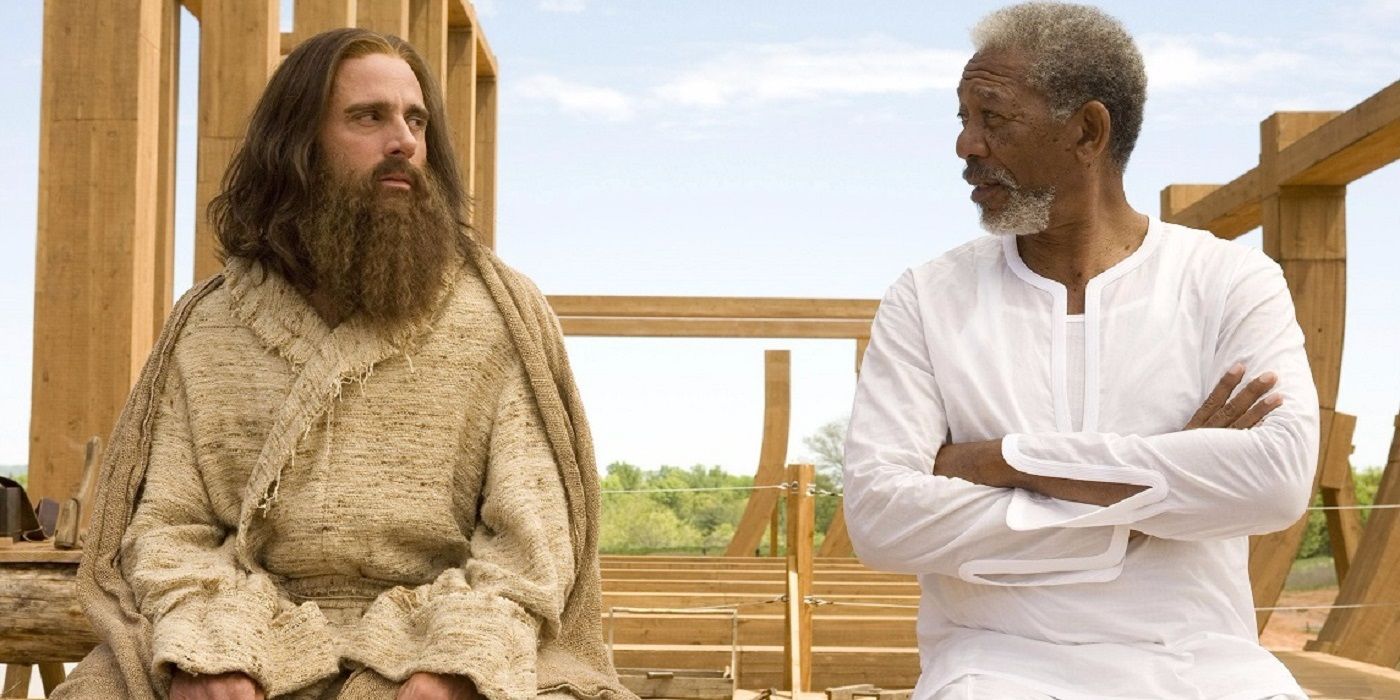 Steve Carell sitting on the ark with Morgan Freeman in Evan Almighty