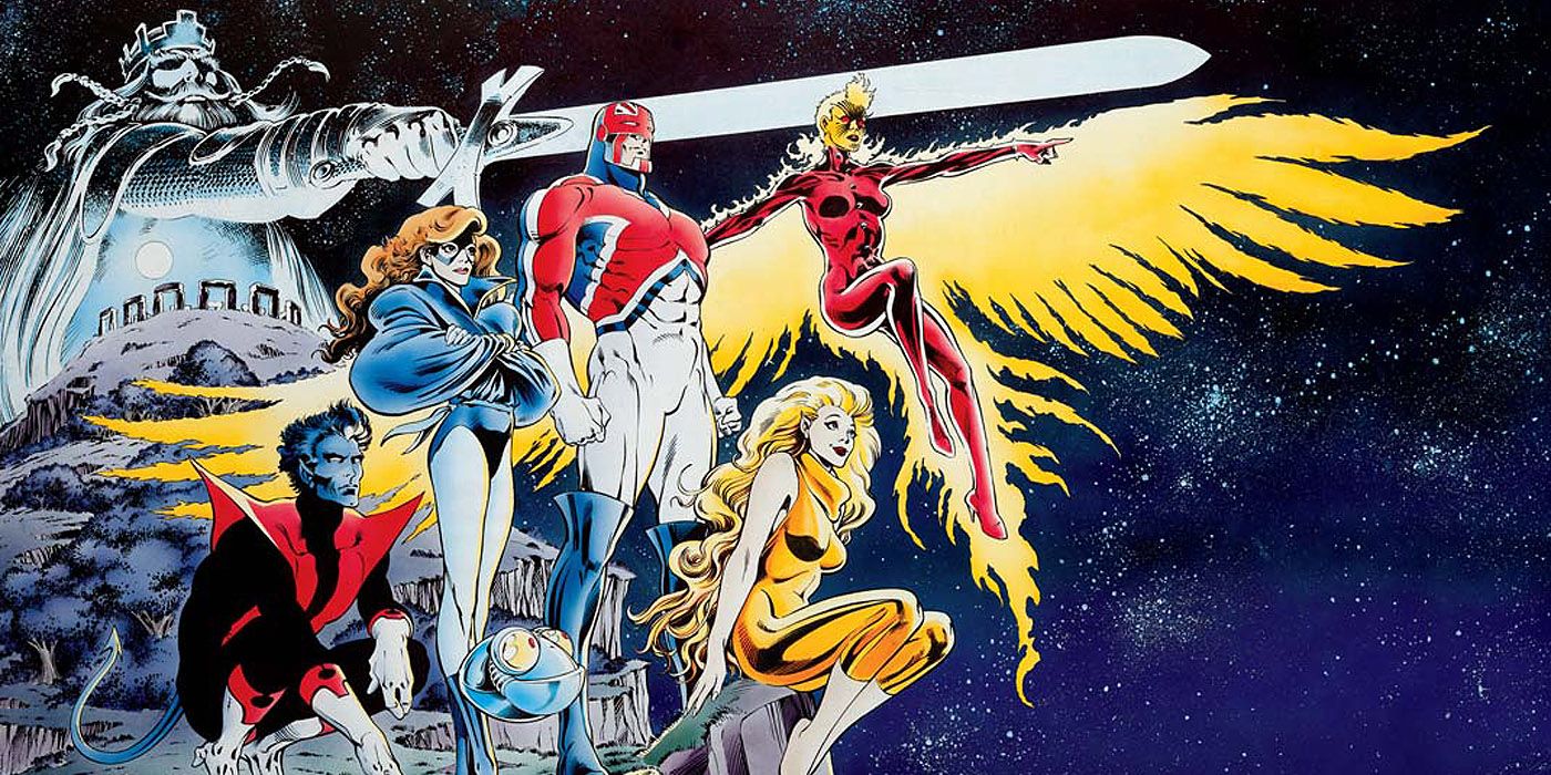 The original line-up of Excalibur: Nightcrawler, Shadowcat, Captain Britain, Meggan, and Phoenix in Marvel Comics