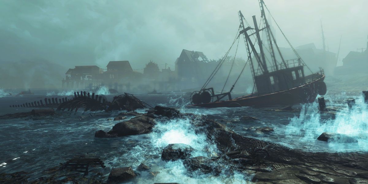 A promotional image for Fallout 4's Far Harbor DLC, showing a half-dunken ship near a foggy shore.
