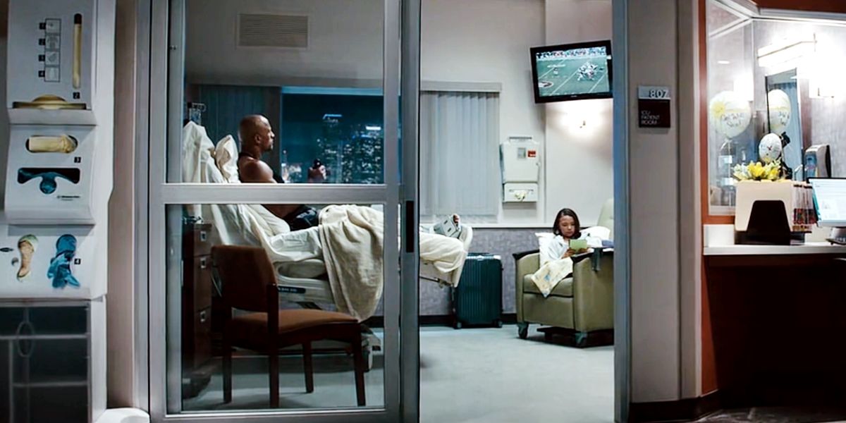 Hobbs sits in a hospital bed in Furious 7