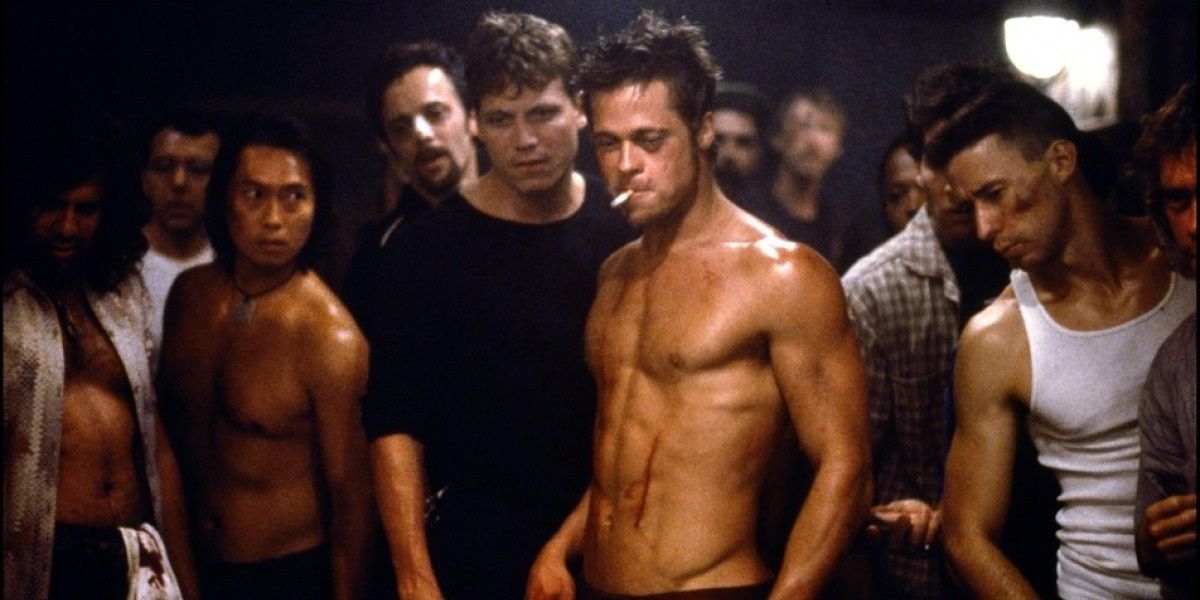 Brad Pitt as Tyler Durden fighting in Fight Club