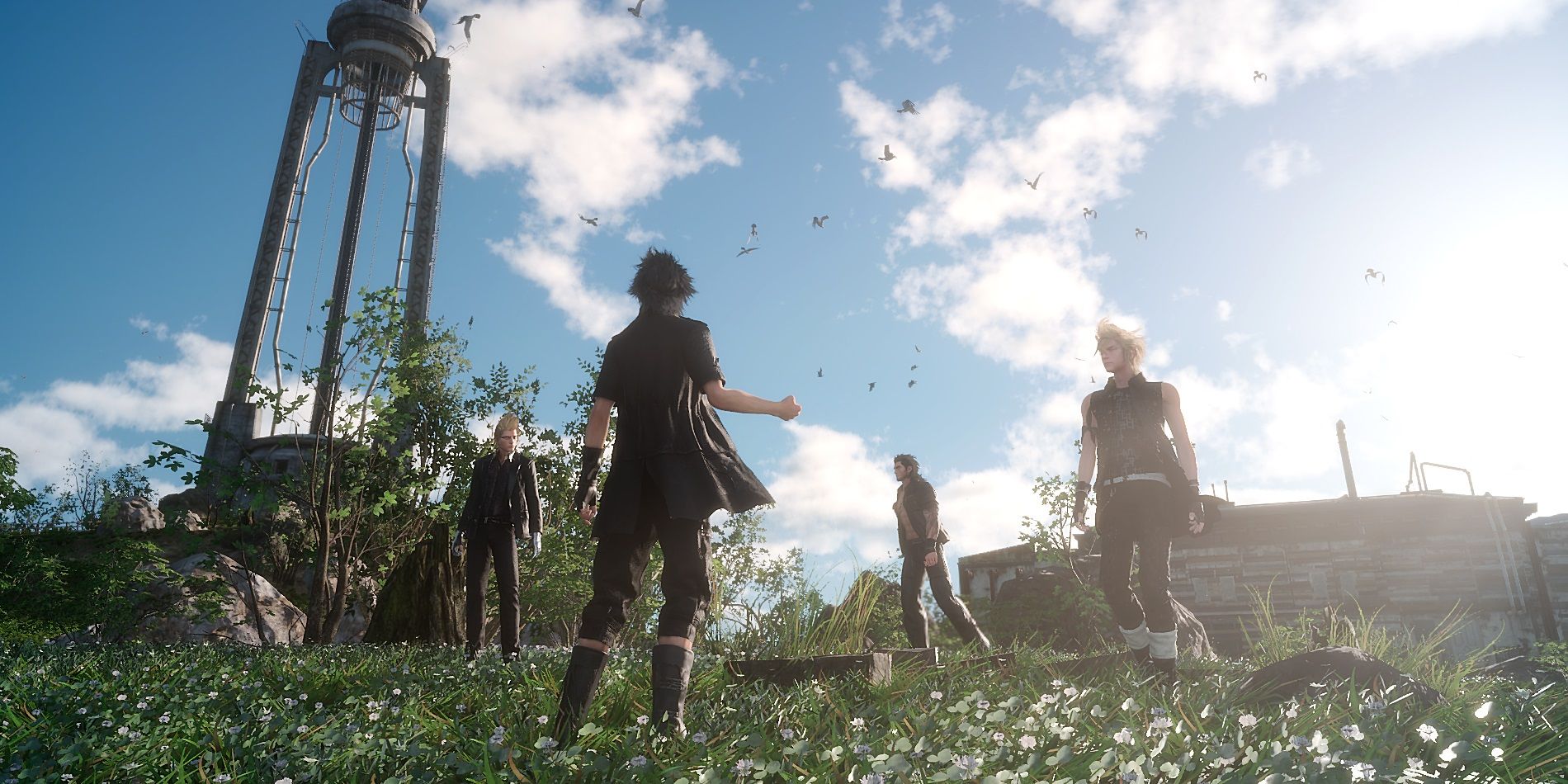Final Fantasy XV, Noctis and his friends pausing in a field