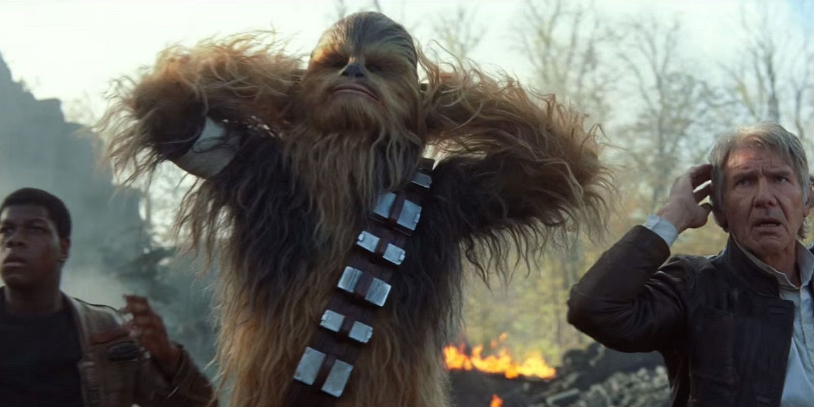 Finn, Chewie, and Han on Takodana in The Force Awakens.