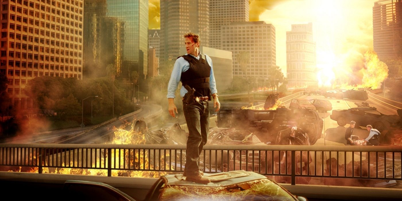 Joseph Fiennes standing on top of a wrecked car in FlashForward