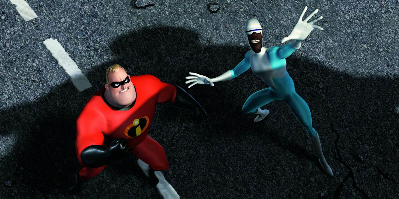 Mr Incredible and Frozone underneath the robot in The Incredibles
