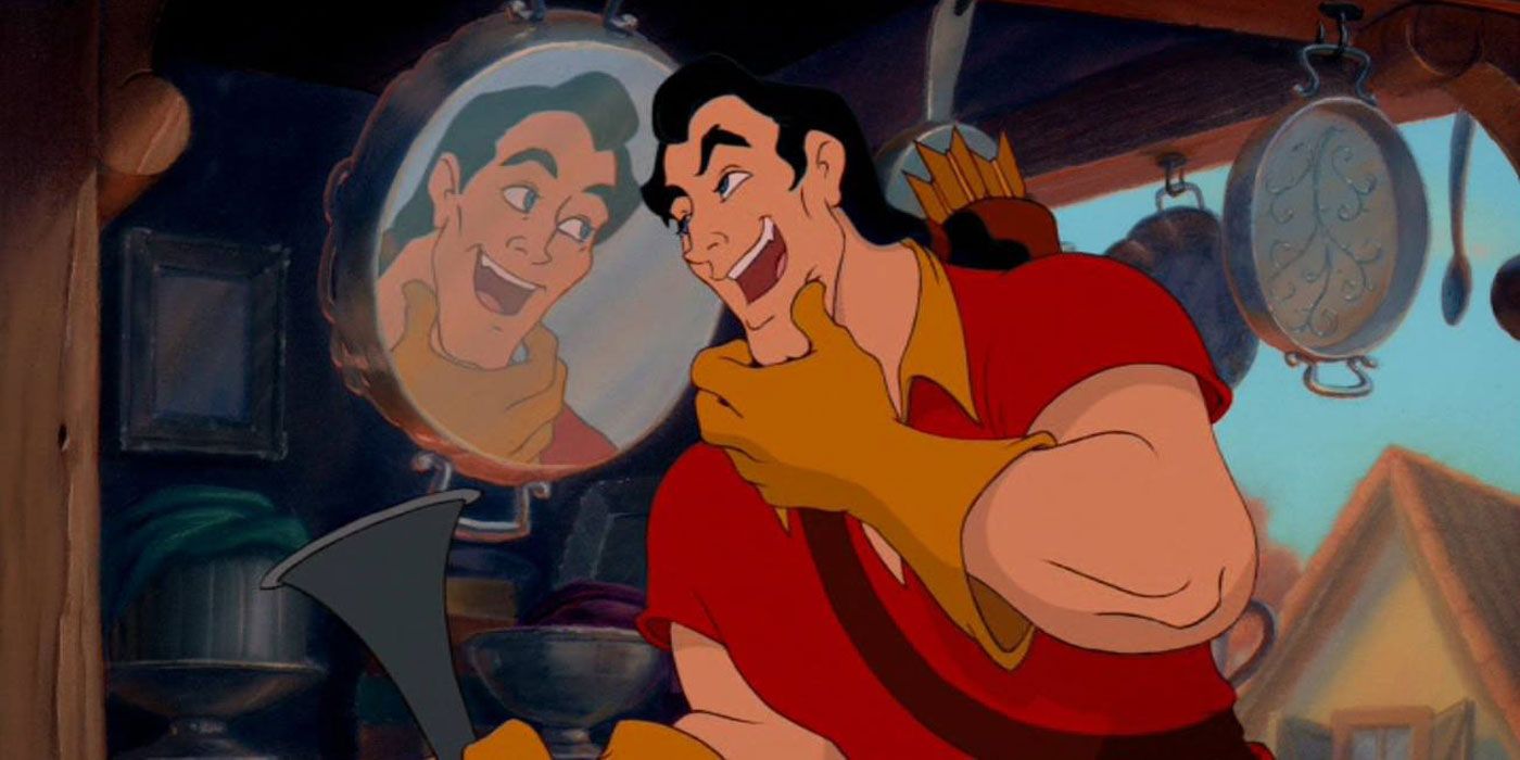 Gaston dá uma olhada em si mesmo em A Bela e a Fera da Disney