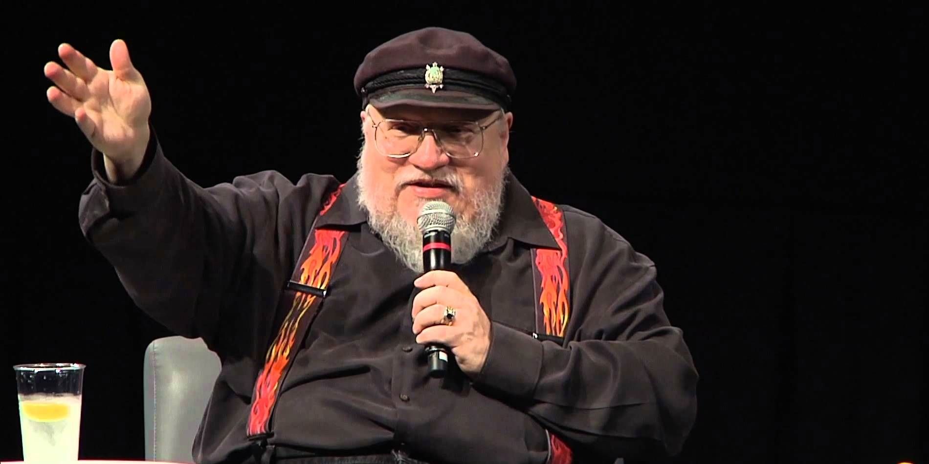 George R. R. Martin, the author of A Song of Ice and Fire, at a speaking event talking about his books and Game of Thrones