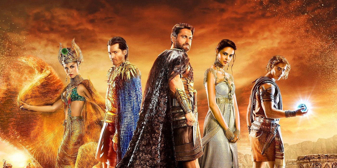 The cast of Gods of Egypt posing for a promo image