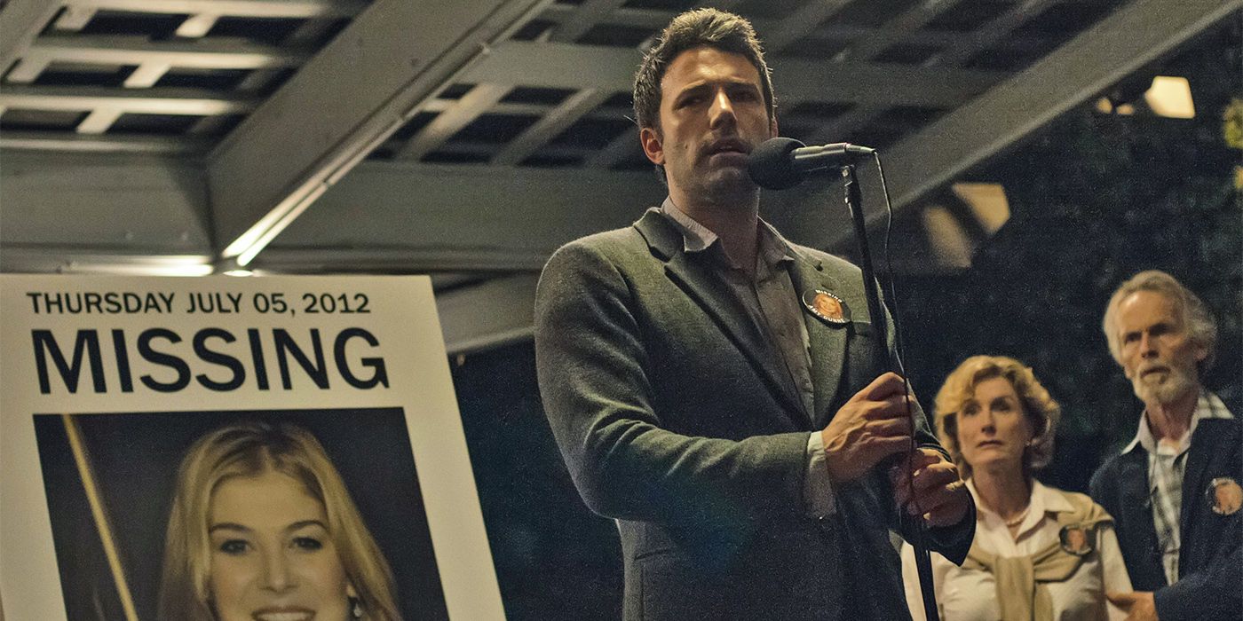 Gone Girl Ben Affleck delivering a speech while looking for his wife