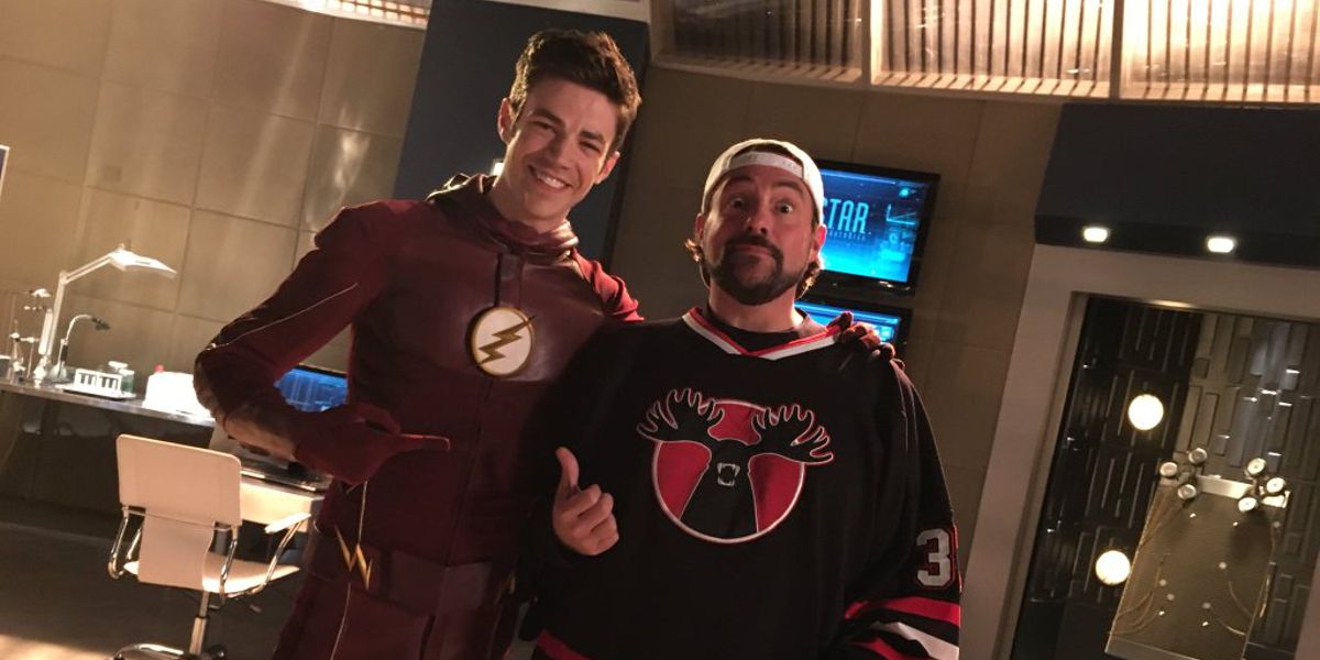 Grant Gustin and Kevin Smith on the set of The Flash Runaway Dinosaur
