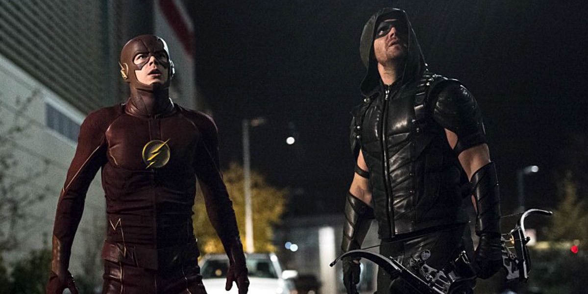 Grant Gustin and Stephen Amell in Arrow and the Flash