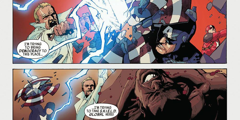 Gregory Stark destroys Captain America's shield with Mjolnir