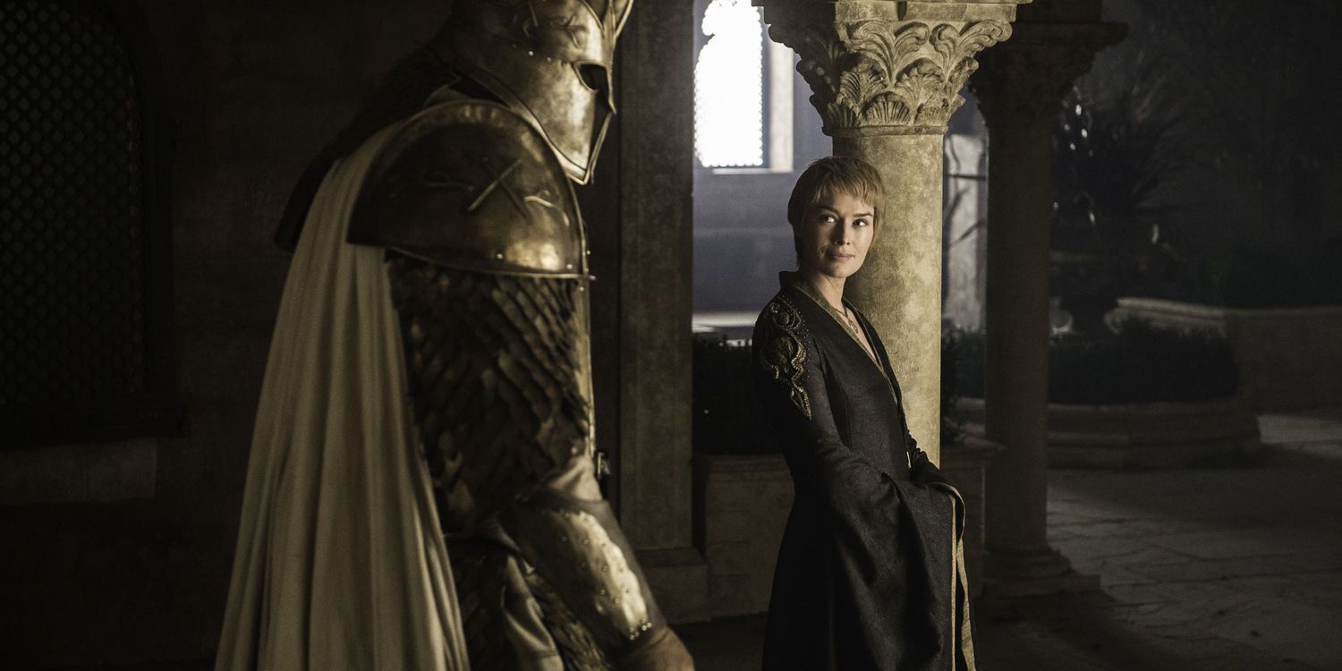 Hafþór Júlíus Björnsson as The Mountain and Lena Headey as Cersei Lannister in Game of Thrones Season 6 Episode 8