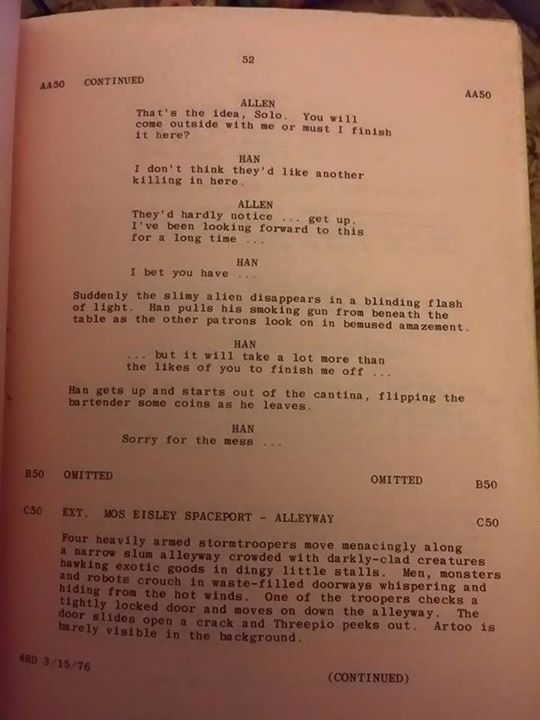 Han Solo Shot First (Star Wars Script Page from Peter Mayhew)