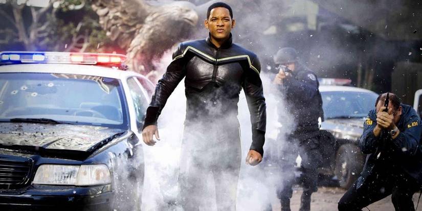 Will Smith as Hancock in a leather suit in Hancock (2008)
