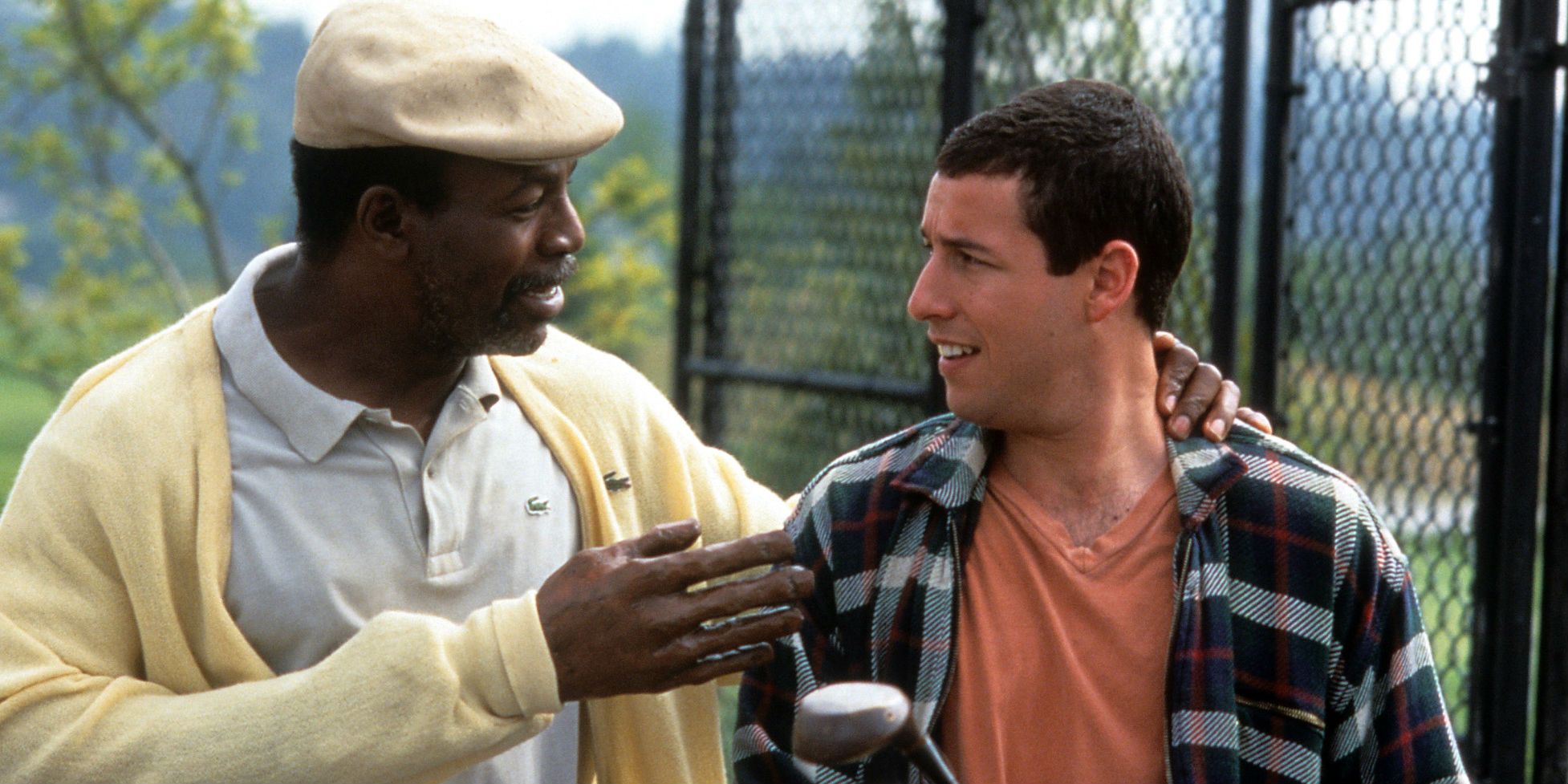 Carl Weathers as Chubs pointing his wooden hand at Adam Sandler in Happy Gilmore