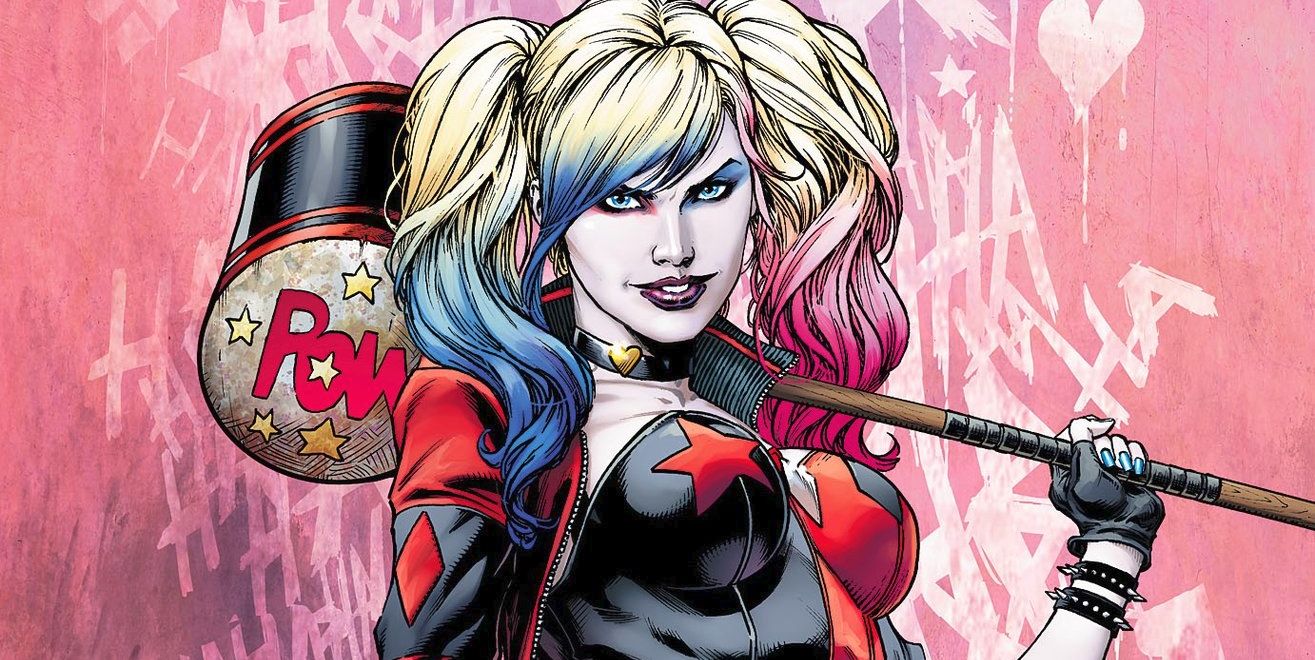 Harley Quinn smiling while holding her hammer in DC Comics.