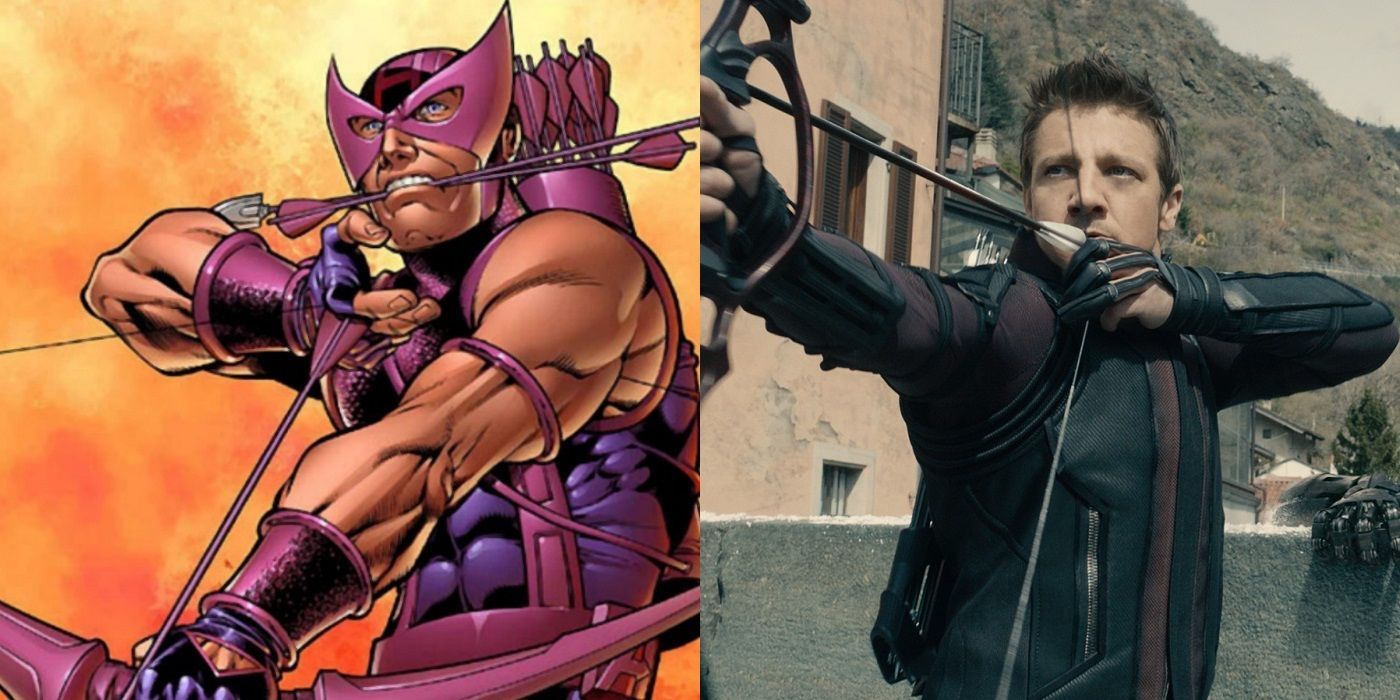 Hawkeye's classic costume in the comics, and Hawkeye unmasked in The Avengers