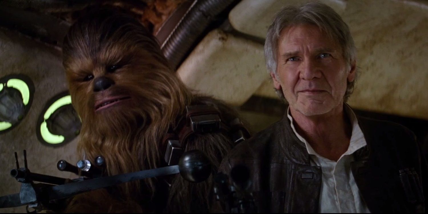 Han Solo and Chewbacca standing together in Star Wars: The Force Awakens