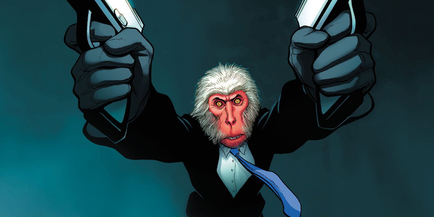 A close up of Hit-Monkey, duel-wielding pistols