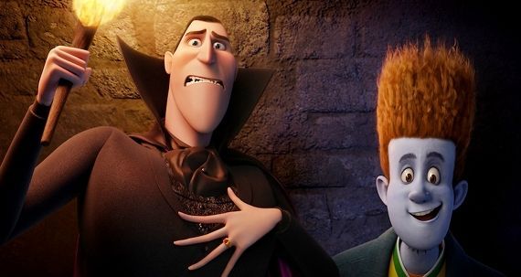 Drac holding a torch and Jonathan smiling in a still from Hotel Transylvania