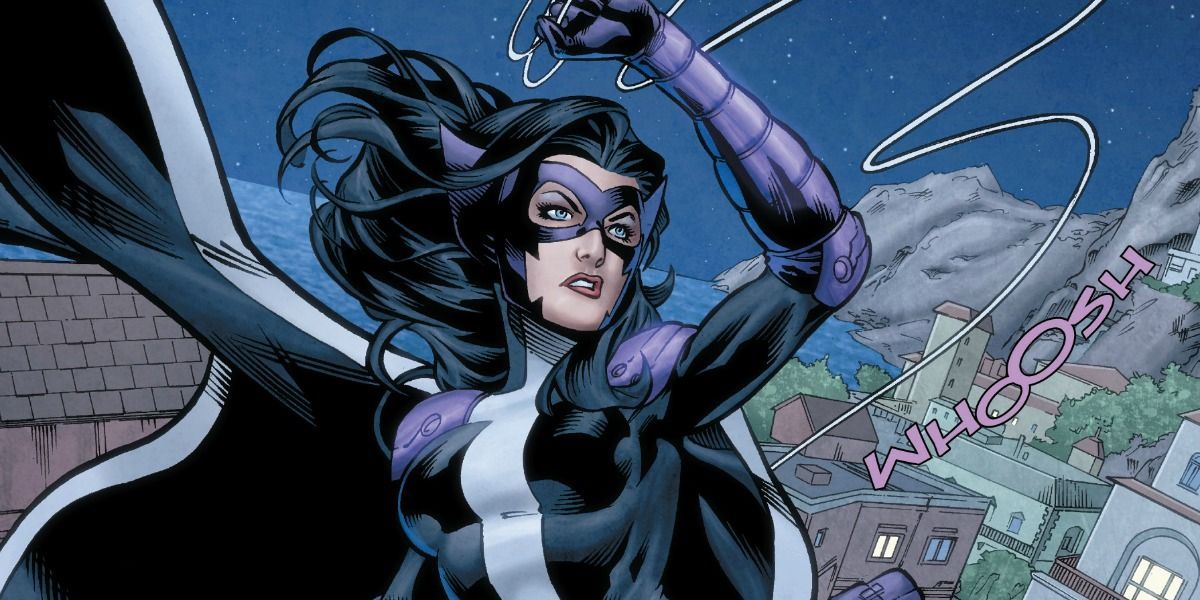 The Huntress flies into battle in DC Comics.