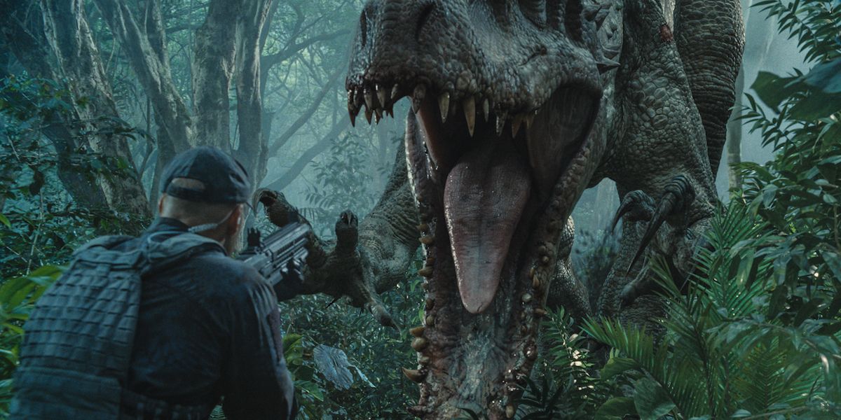 The Indominus Rex attacks a soldier in Jurassic World